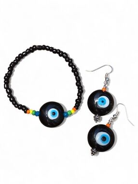Evil Eye Bead Bracelet & Earrings Set in Black and Blue Glass